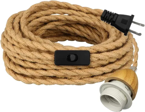 Miniatura 9 de Luces colgantes rústicas de granja con cable enchufable, cable de cuerda de cáñamo trenzada de 16.7 pies, pantalla tejida de cáñamo de 23x10 cm