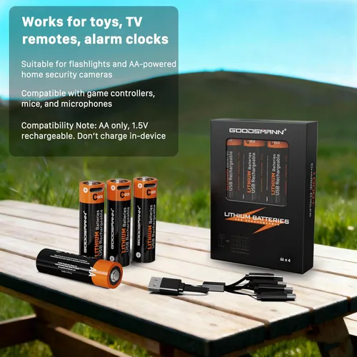 Miniatura 6 de GOODSMANN Paquete de 4 baterías recargables AA de iones de litio con cargador USB-C de 4 ranuras, salida de 1.5 V, 1700 mAh hasta 1000 ciclos