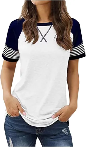 Miniatura 8 de Womens Summer Tops Raglan Short Sleeve Striped T-Shirts Color Block Crewneck Workout Tee Tshirts Loose Fitting Tunics
