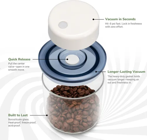 Miniatura 2 de SealVax® Juego de recipientes de café al vacío de 19 oz y 32 oz de vidrio de borosilicato Tapas herméticas, sellador al vacío eléctrico de parada