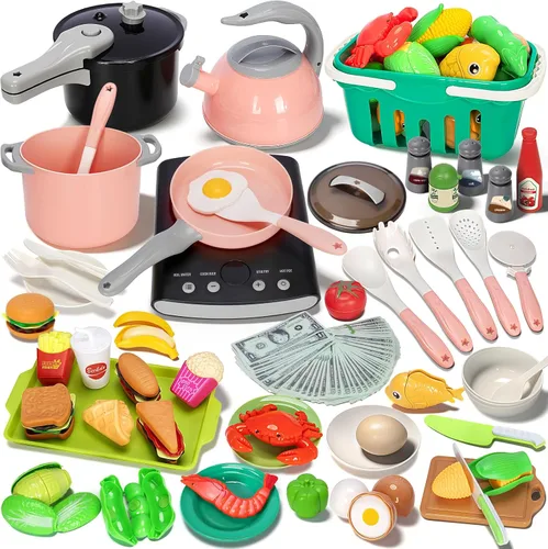 Juego de 168 piezas de accesorios de cocina para niños, juego de cocina de simulación con placa de inducción, olla, sartén, utensilios, cortar