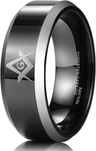 King Will Classic - Anillo de carburo de tungsteno para hombre, de 0.315in, color negro, brújula masónica, cuadrado, carburo de tungsteno, Sin
