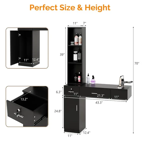 Miniatura 5 de OmySalon Estaciones de peluquería de montaje en pared, estaciones de salón para estilistas, juego de equipos de peinado con un gabinete de Negro