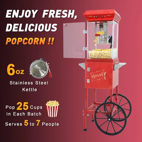 Miniatura 2 de Máquina para hacer palomitas de maíz, carrito profesional con hervidor de 6 onzas para hasta 25 tazas, máquina comercial vintage de acero Rojo