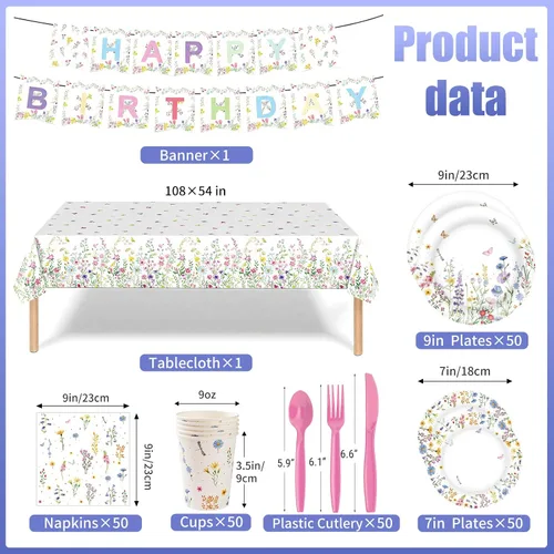 Miniatura 2 de 353 piezas de decoraciones de fiesta de flores silvestres para 50 invitados, juegos de platos y servilletas florales de primavera, suministros que