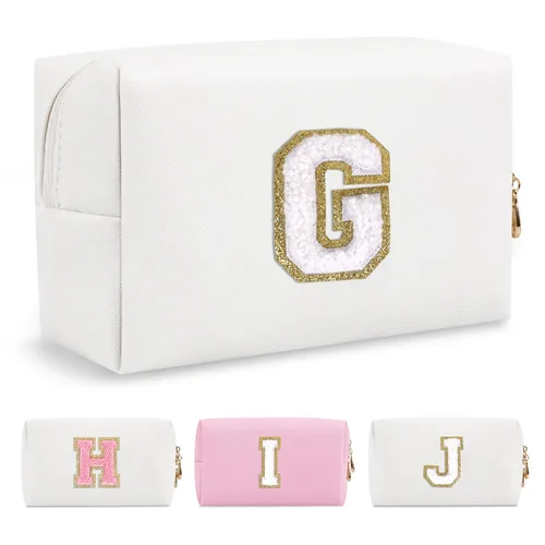 Miniatura 252 de Pequeña bolsa de maquillaje personalizada con inicial A-Z Preppy Patch, bolsa de cosméticos de viaje de felpilla blanca con cremallera, bonita bolsa