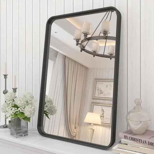 Miniatura 24 de Paquete de 2 espejos de baño con marco de metal negro de 22 x 30 pulgadas, espejo rectangular redondeado negro mate, antioxidante, se cuelga