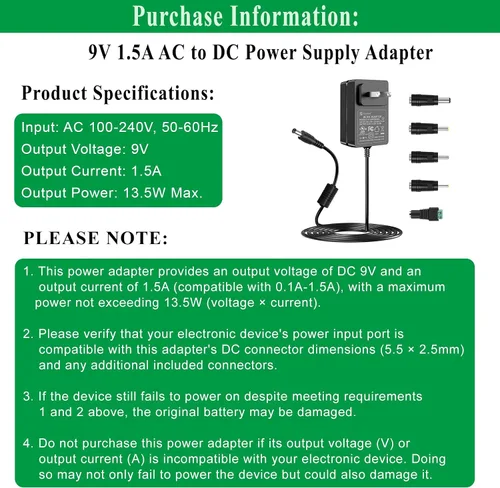 Miniatura 2 de Adaptador de fuente de alimentación Gonine 9V 1.5A 1A, CA 100-240V a DC 9V Cable de alimentación. Compatible for 9Volt Arduino UNO MEGA, Schwinn