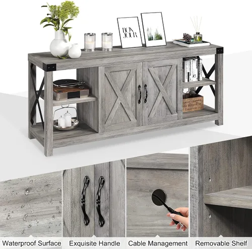 Miniatura 8 de IDEALHOUSE Soporte de TV de 59 pulgadas para TV de hasta 65 pulgadas, gabinete de TV de madera de granja con almacenamiento y estantes ajustables