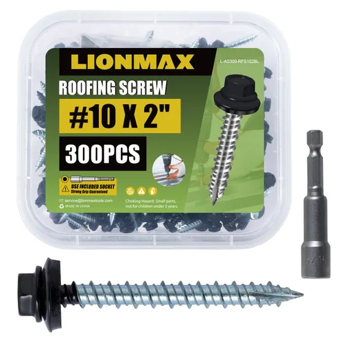 LIONMAX Tornillos de metal para techos #10 × 2 pulgadas, 300 unidades, tornillos de techo de chapa de metal pintado en negro, arandela de goma,