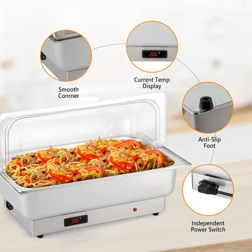Miniatura 7 de ROVSUN Juego de bufé eléctrico de acero inoxidable de 9 cuartos de galón, NSF con tapa enrollable para catering, calentador de alimentos