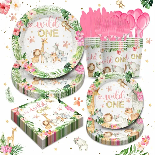 Miniatura 8 de 168 Wild One - Juego de vajilla para fiesta de cumpleaños, incluye platos, servilletas, vasos, cubiertos, para temática de selva de animales