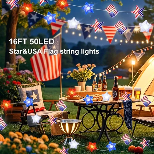 Miniatura 5 de Aogist Guirnalda de 50 luces LED para el 4 de julio, 16 pies, color rojo, blanco, azul, estrellas y bandera estadounidense, guirnalda patriótica