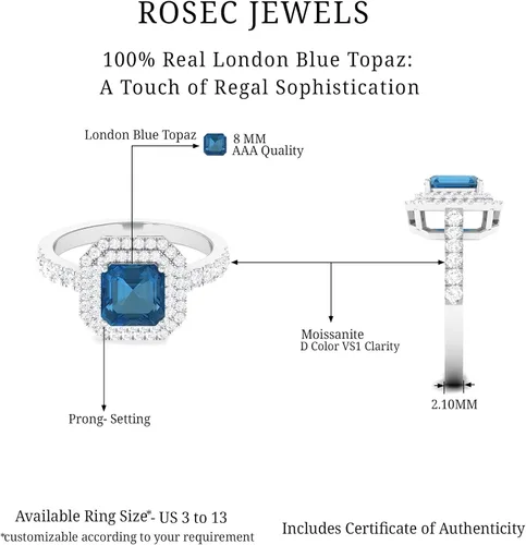 Miniatura 10 de Anillo de compromiso natural de corte Asscher con topacio azul Londres con moissanita, calidad AAA, anillo de compromiso de doble halo certificado