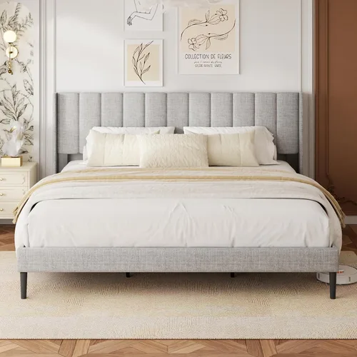 Miniatura 10 de Base de cama tamaño Queen con cabecero vertical Chanel acolchado y respaldo de alas, cama de plataforma tapizada, listones de madera fuertes, fácil
