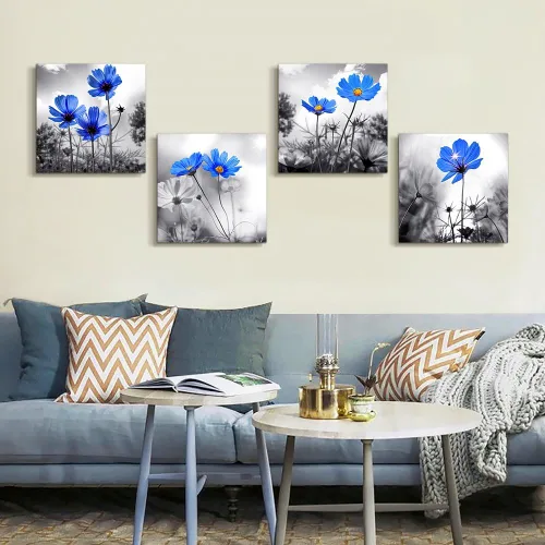 Miniatura 3 de Arte de pared para sala de estar, diseño de flores azules cian en blanco y negro, impresiones en lienzo grande para decoración de pared, obras