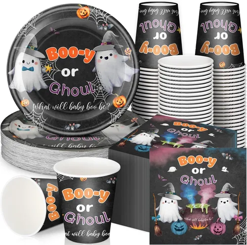 Hushee Juego de vajilla desechable de 200 piezas de platos de papel para baby shower de Halloween, suministros de fiesta, decoración de fiesta de