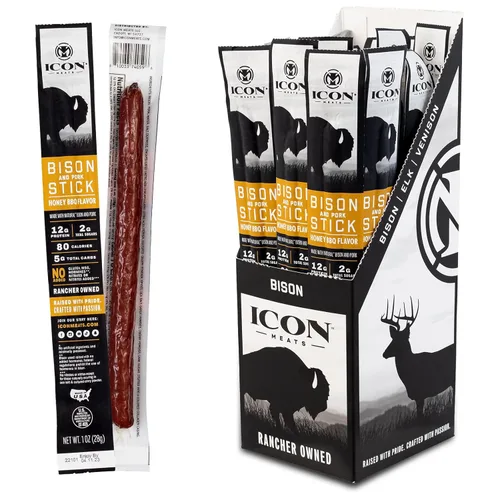 ICON Meats Palitos de carne de bisonte y cerdo, barbacoa con miel, paquete de 24 bocadillos ricos en proteínas, bajo en azúcar, palitos de carne