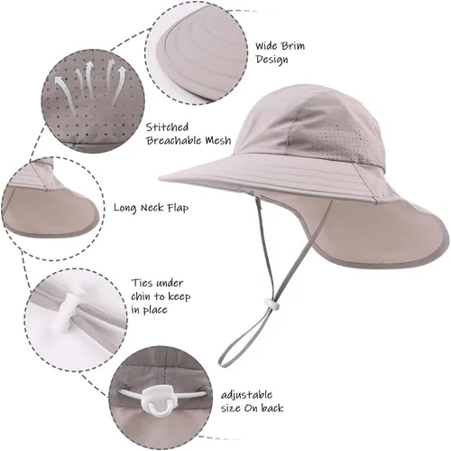 Miniatura 73 de Sombrero de verano para niños pequeños con solapa para el cuello, impermeable, sombrero de natación para niños, protección UV, sombrero de playa