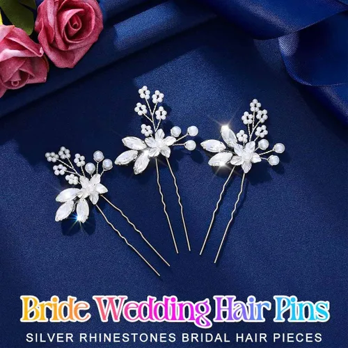 Miniatura 2 de Heread Flower Bride - Horquillas para el cabello de boda con perlas plateadas, accesorios para el cabello de novia, piezas de cristal para mujeres