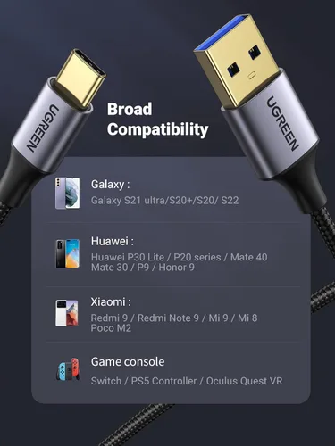 Miniatura 5 de UGREEN Cable USB a USB C 3.0 Cable USB C 3.0 de transferencia de datos de 5 Gbps tipo C, cable trenzado de nailon de carga rápida para Android