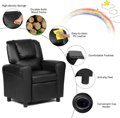 Miniatura 4 de ARLIME Silla reclinable para niños, sillón tapizado con soporte para tazas, respaldo, sofá de cuero para bebé con reposacabezas y reposapiés, Negro