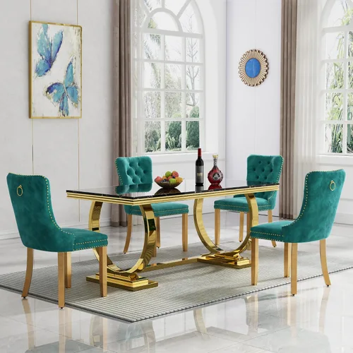 Miniatura 73 de HomVent Juego de mesa de comedor moderna de mármol sintético para 4 personas, mesa de cocina rectangular con 4 sillas beige (dorado)