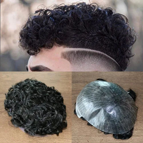 Miniatura 12 de SIMBEAUTY Cabello humano Remy indio 360 ondulado, 0.394 pulgadas, base de piel de tupé rizado, 10 x 8 pulgadas, para hombres negros con sistema