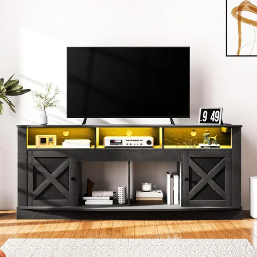 Miniatura 3 de DWVO Soporte de TV para televisor de 75/80 pulgadas, centro de entretenimiento, consola de medios con luz LED, gabinete de TV con puertas de granero
