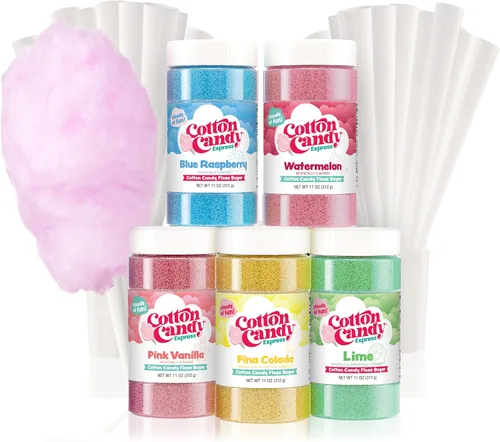 Cotton Candy Express Paquete variado de azúcar para algodón de azúcar con 5 frascos de plástico de 11 onzas de lima, sandía, piña colada, frambuesa