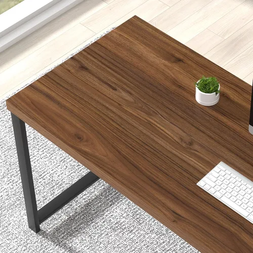 Miniatura 4 de FOLUBAN Escritorio para computadora de 47 pulgadas, escritorio pequeño para el hogar y oficina con estantes de almacenamiento, mesa de estudio, Nogal