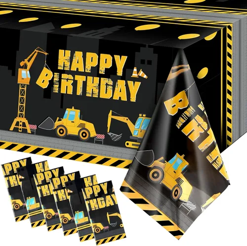 Tatuo Mantel de construcción de feliz cumpleaños, diseño de camión volquete, mantel estampado de tractor, suministros de decoración de fiesta Negro