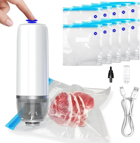 Sellador al vacío de mano para alimentos, juego de máquina selladora al vacío inalámbrica portátil con 10 bolsas Sous Vide para almacenamiento de