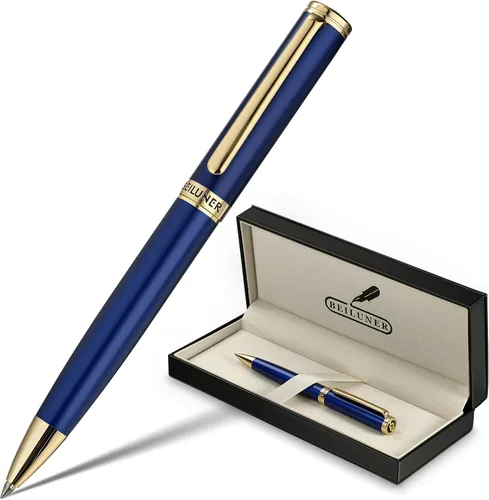 BEILUNER Bolígrafo de gel de laca azul, impresionante bolígrafo de lujo con acabado de oro de 24 quilates, repuesto negro ADMOK, juego de regalo