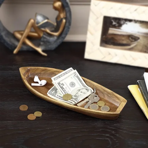 Miniatura 4 de Bandeja para servir Barco de la Suerte, plato de madera maciza de acacia con forma interesante para servir postres, frutas, aperitivos y ornamento