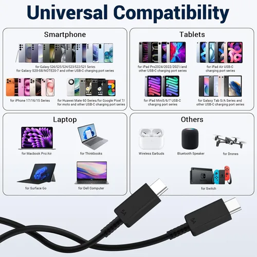 Miniatura 7 de Paquete de 2 cables de carga Samsung de 6 pies, 100 W/5 A, cable de carga rápida tipo C a tipo C, para Galaxy S25/S24/S23/S22/S21 Edge/Ultra/Note