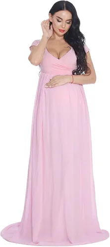 Miniatura 2 de ZIUMUDY Vestido de gasa de maternidad de manga corta con frente cruzado para fotografía de baby shower