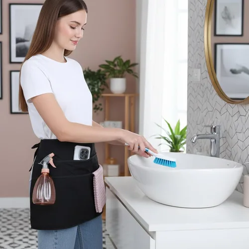 Miniatura 7 de Delantal de limpieza de tamaño pequeño con 4 bolsillos delantales para mujeres, delantal de camarero y camarera con bolsillos, suministros