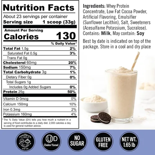 Miniatura 3 de Polvo de Proteína Cookies & Cream. 25g de Proteína para Recuperación Post Entrenamiento, Batido y Horneado. Sin Gluten y Sin Azúcar, Altamente
