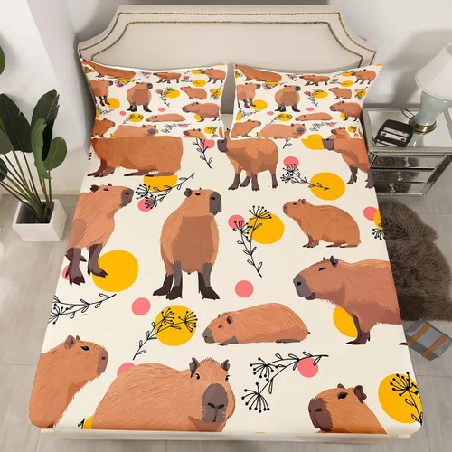 Miniatura 13 de jejeloiu Capybaras - Juego de sábanas de tamaño individual para amantes de los animales, para niños y niñas, lindas sábanas decorativas de Capybara