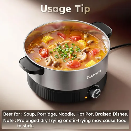 Miniatura 4 de TOPWIT Olla eléctrica de 4.5 L, olla eléctrica de acero inoxidable con ajuste de potencia doble, olla eléctrica de calentamiento rápido de 1200 W