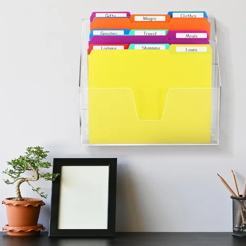 Miniatura 5 de Estune Organizador de archivos vertical acrílico, soporte horizontal triple para carpetas de archivos, almacenamiento de escritorio de papel, caja
