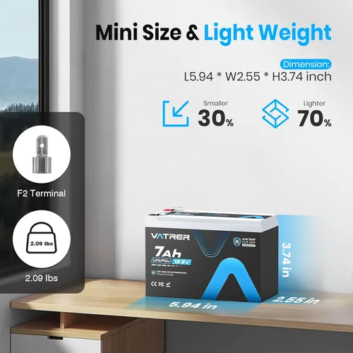Miniatura 2 de VATRER POWER 12V 7Ah Batería LiFePO4, BMS de 7A integrado, batería de litio recargable de ciclo profundo de más de 5000 ciclos, batería de fosfato