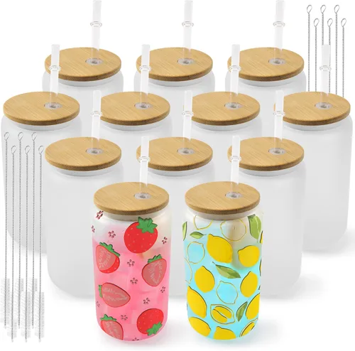 Miniatura 12 de Joyclub Paquete de 8 vasos de vidrio en blanco para sublimación con tapas y pajitas de bambú, latas de cerveza de vidrio esmerilado de 16 onzas