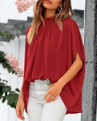 Miniatura 25 de BTFBM Blusas de verano para mujer, cuello alto falso, manga murciélago, holgadas, dobladillo alto y bajo, blusas informales de gran