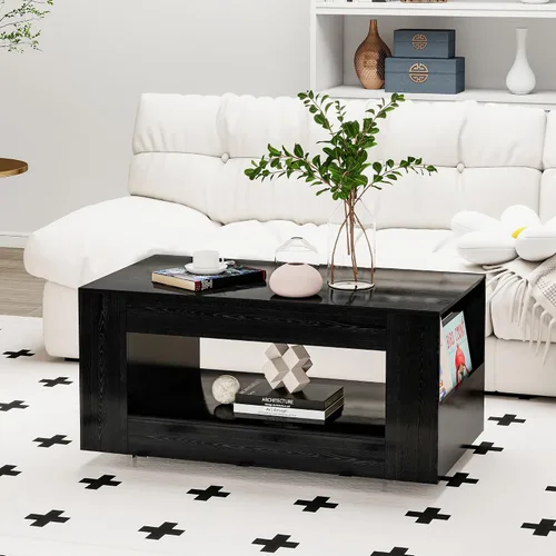 Miniatura 4 de Mesa de centro de grano de madera con estante abierto, mesa de cóctel moderna de alto brillo para sala de estar, dormitorio, oficina