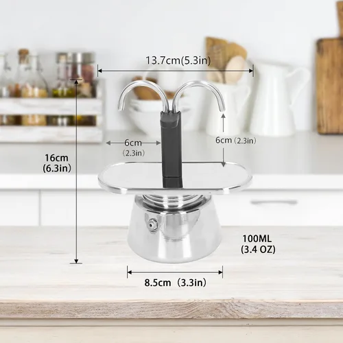 Miniatura 2 de Olla de Moka de Acero Inoxidable, Cafetera de Espresso de 2 Tazas para Estufa con Doble Boca, Fácil de Operar, Prepara Café Rápidamente, Olla