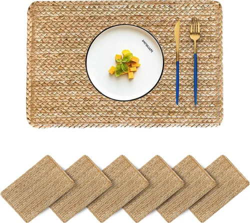 Miniatura 18 de Juego de 6 manteles individuales redondos tejidos con 6 posavasos, manteles individuales de jacinto de agua natural, manteles individuales de ratán