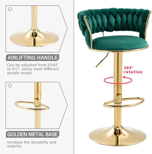 Miniatura 3 de RXR - Juego de 2 taburetes de bar de terciopelo, taburetes de bar de altura ajustable y taburete giratorio de 360°, silla de bar de cocina