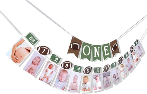 Cartel de fútbol de primer cumpleaños – Decoración de primer cumpleaños de fútbol, pancarta de fotos de 12 meses, cartel de fotos de primer año